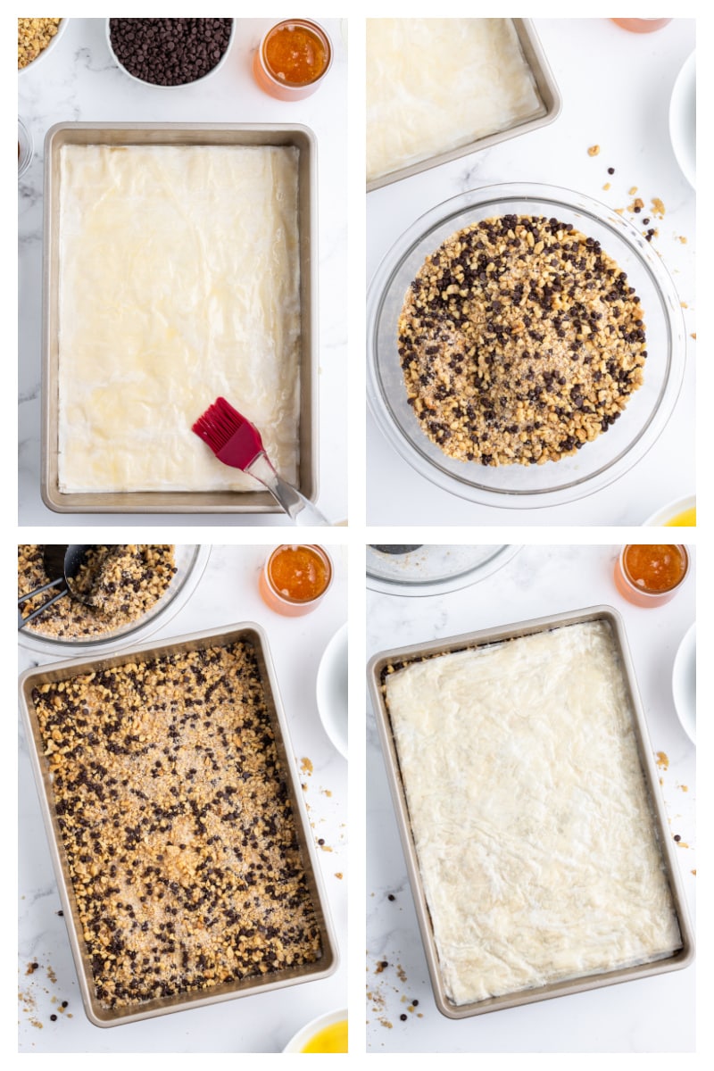 four photos showing assembly of making baklava in a pan