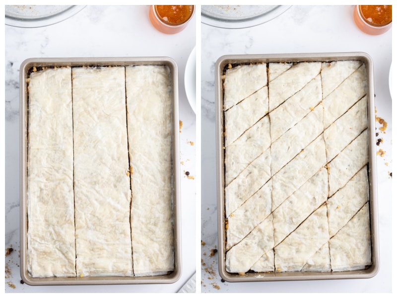 two photos showing how to cut baklava