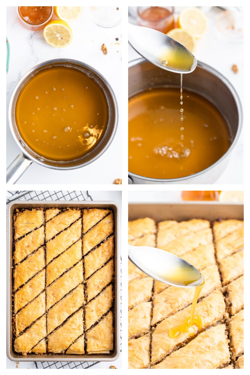four photos showing how to make honey sauce and then spooning over baklava