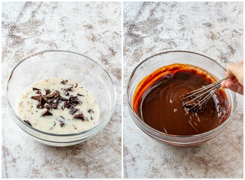 showing process of making chocolate ganache- chocolate with cream in a bowl and then the completed ganache in a bowl