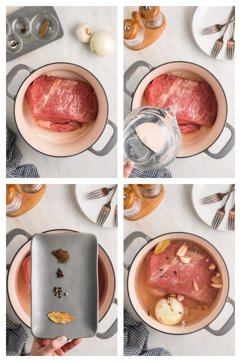 four photos showing how to make classic corned beef in a pot