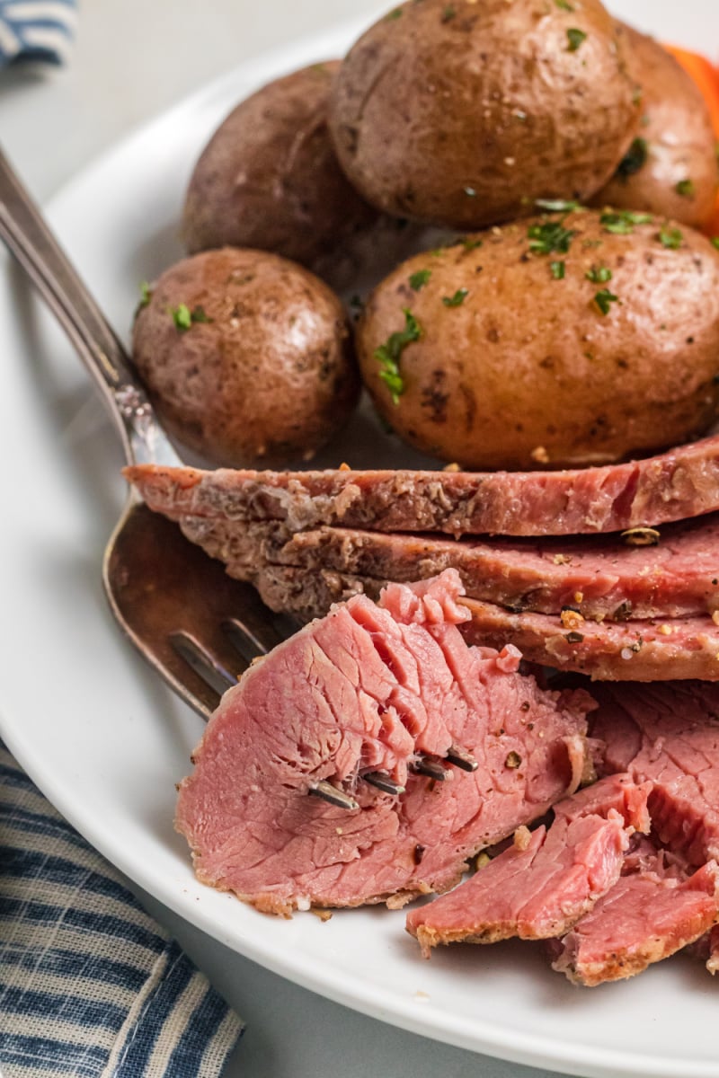 Corned beef on a plate with potatoes