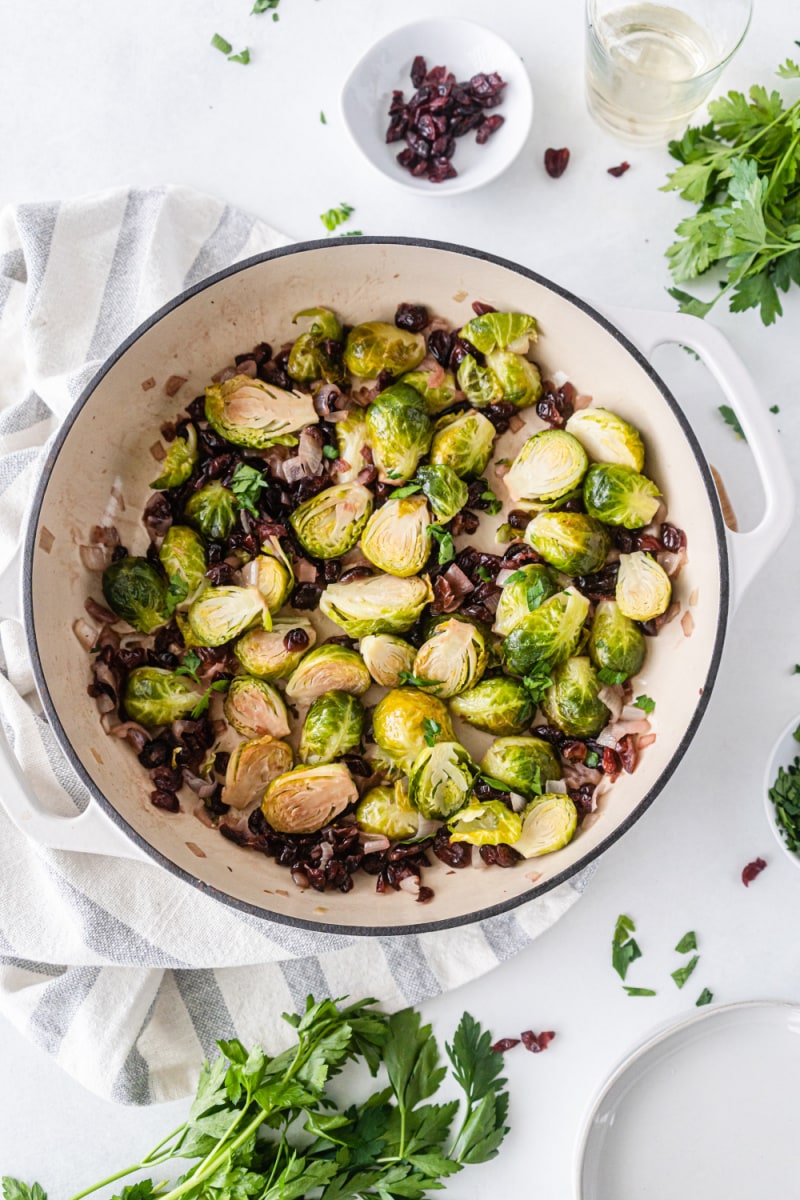 cranberry brussels sprouts in pan