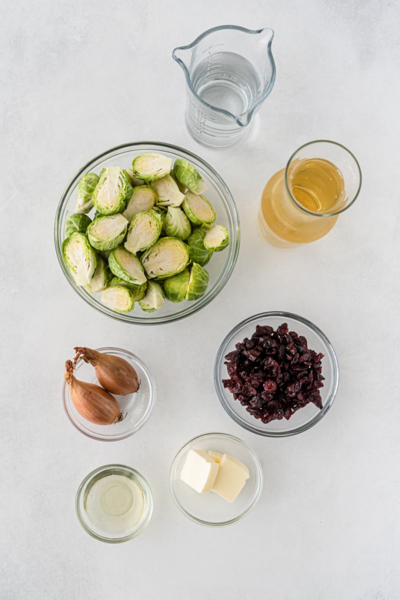 ingredients displayed for making cranberry brussels sprouts