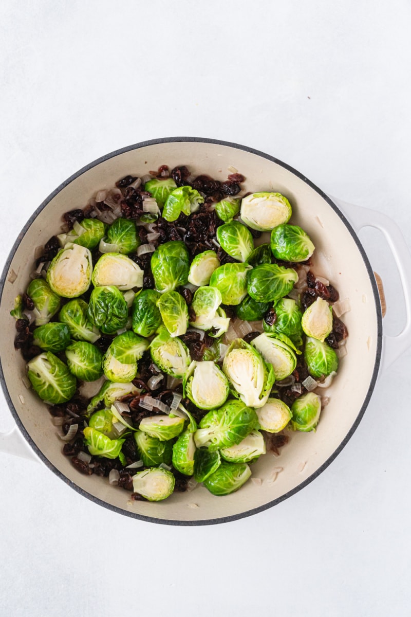 pan of cranberry brussels sprouts