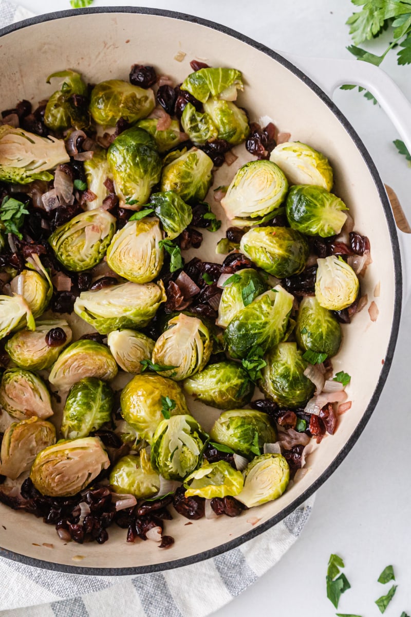 cranberry brussels sprouts in pan