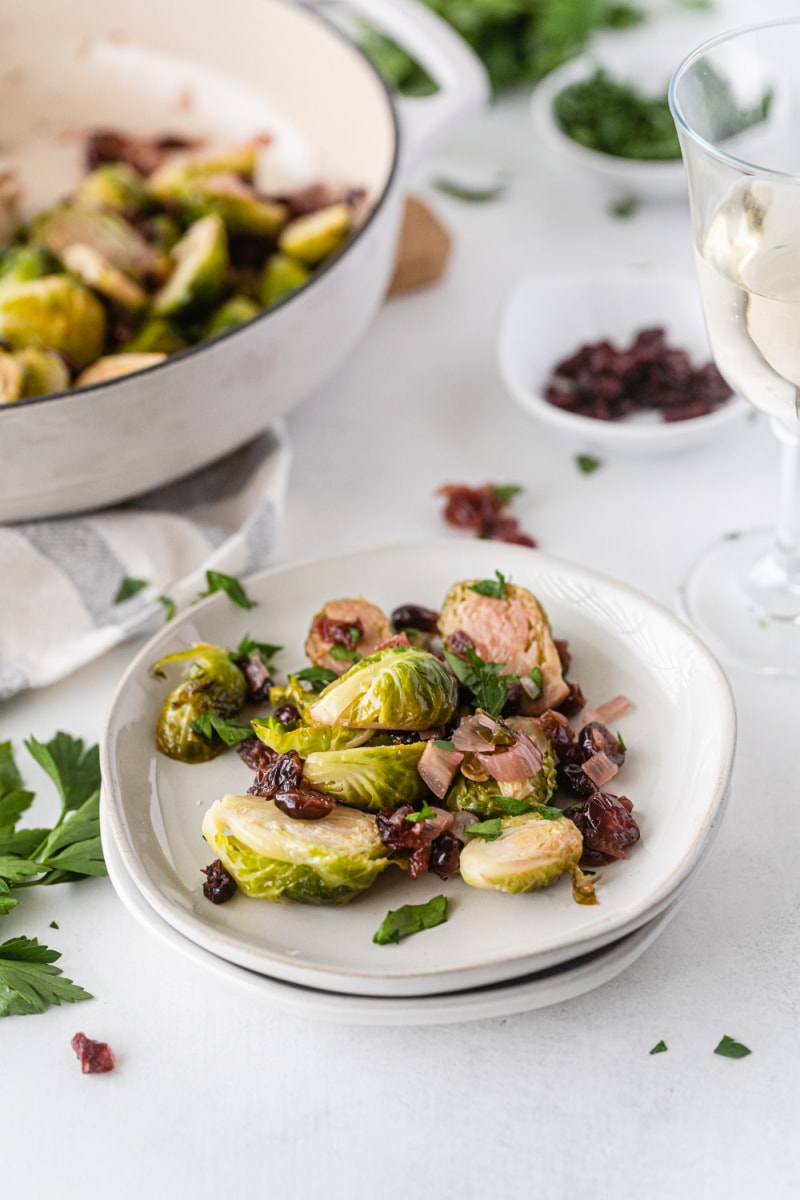 serving of cranberry brussels sprouts on plate
