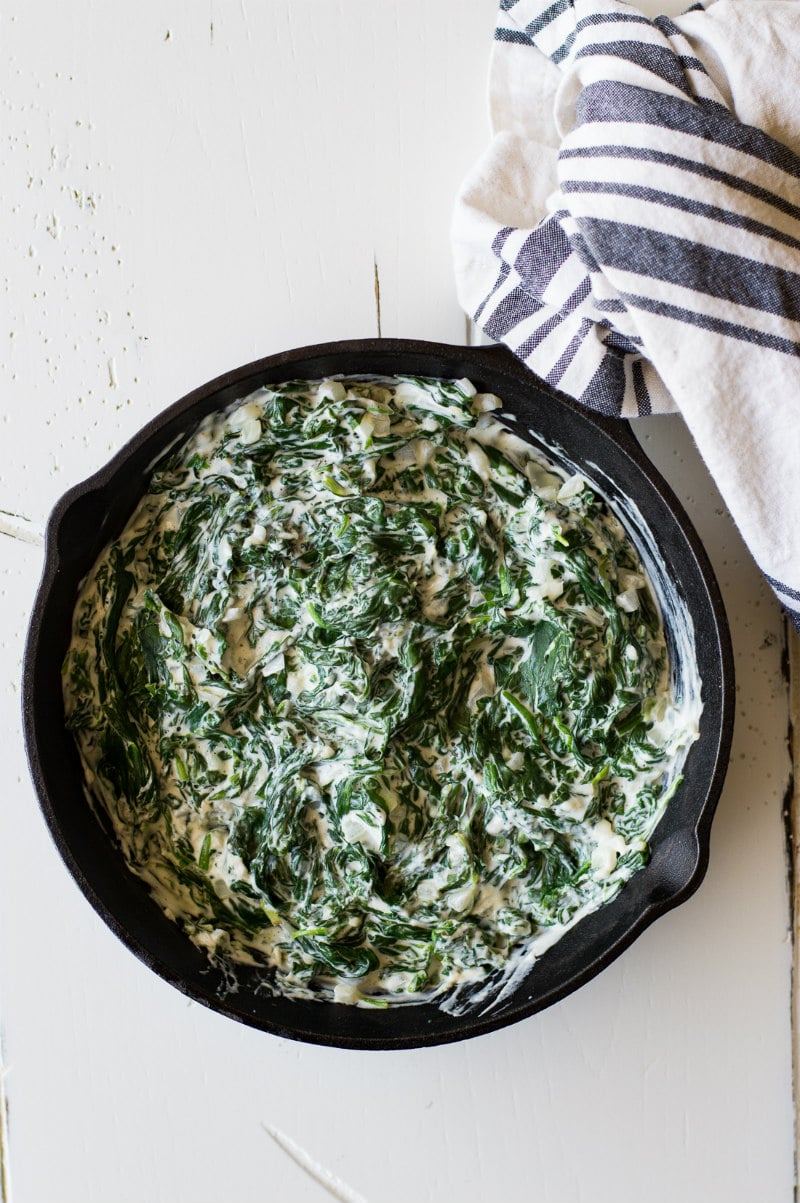 Easy Creamed Spinach recipe from RecipeGirl.com #easy #cream #creamed #spinach #recipe #RecipeGirl Pan of Easy Creamed Spinach