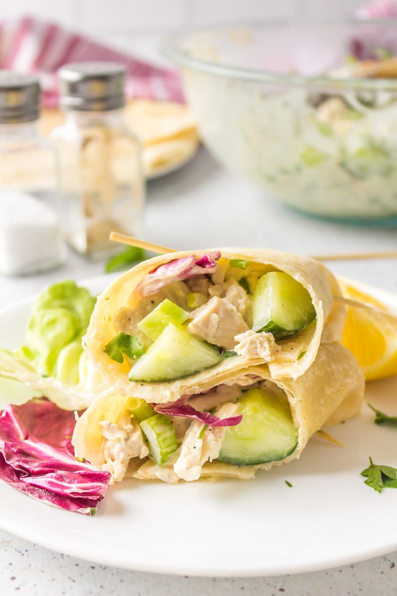 crunchy chicken salad wrap cut in half and stacked