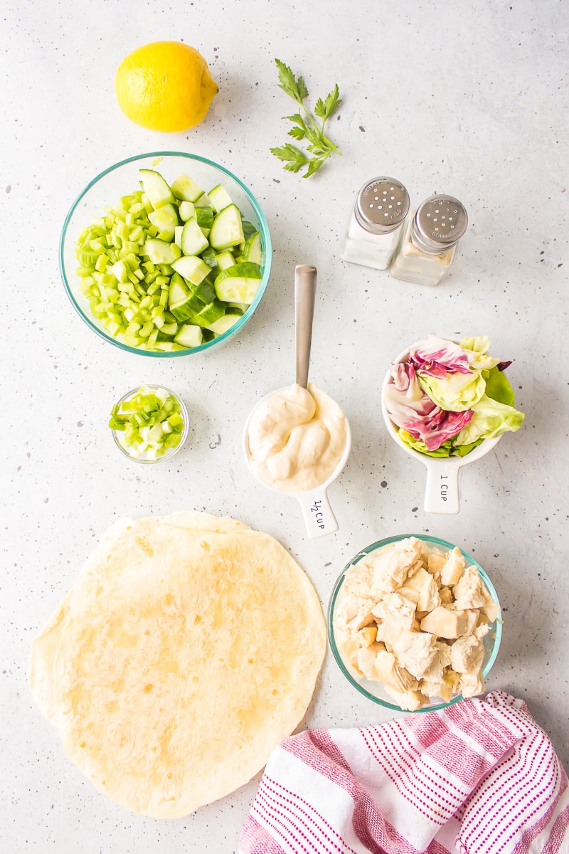 ingredients displayed for making crunchy chicken salad wraps