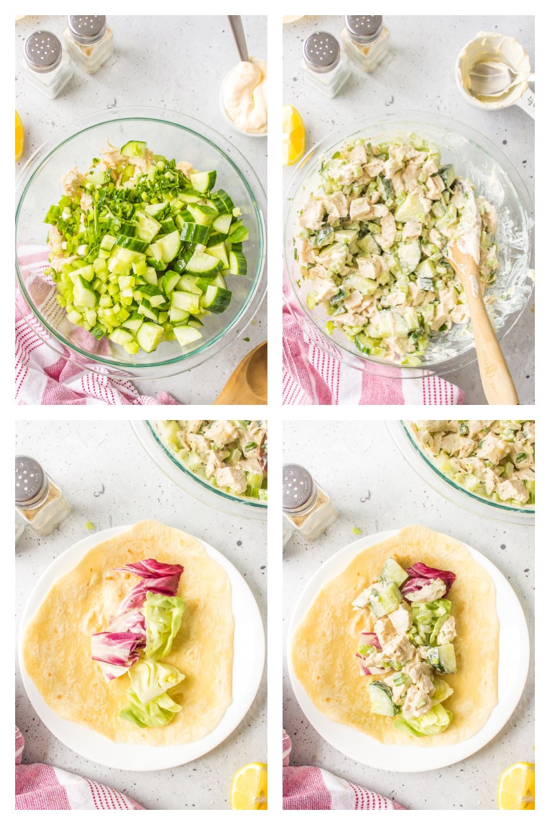 four photos showing how to make chicken salad and then adding it to tortillas to make wraps