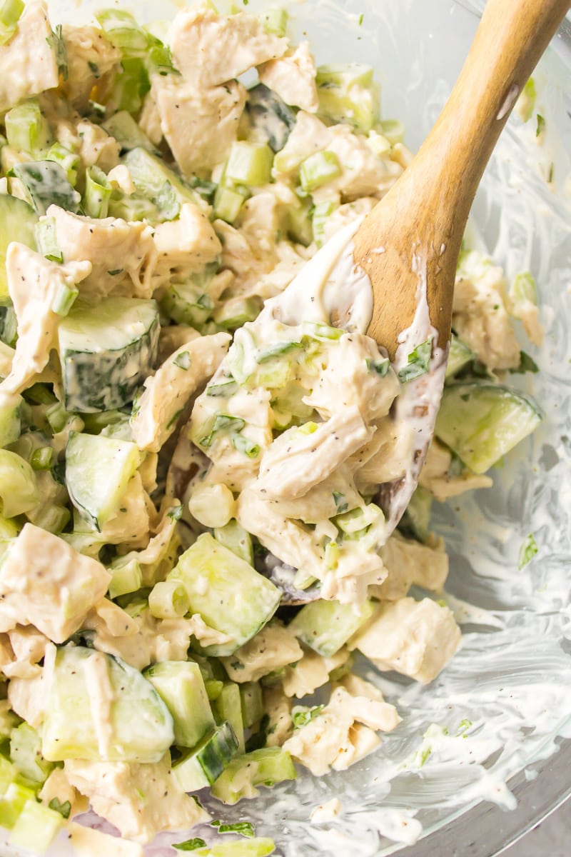 chicken salad in bowl with spoon