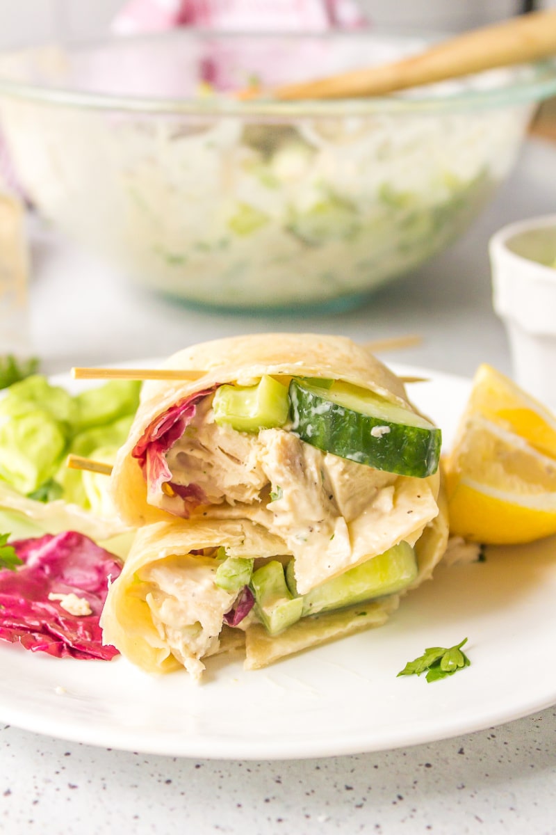 crunchy chicken salad wraps on a white plate