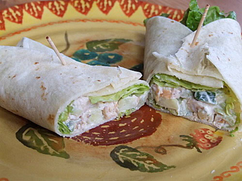 crunchy chicken salad wraps cut in half