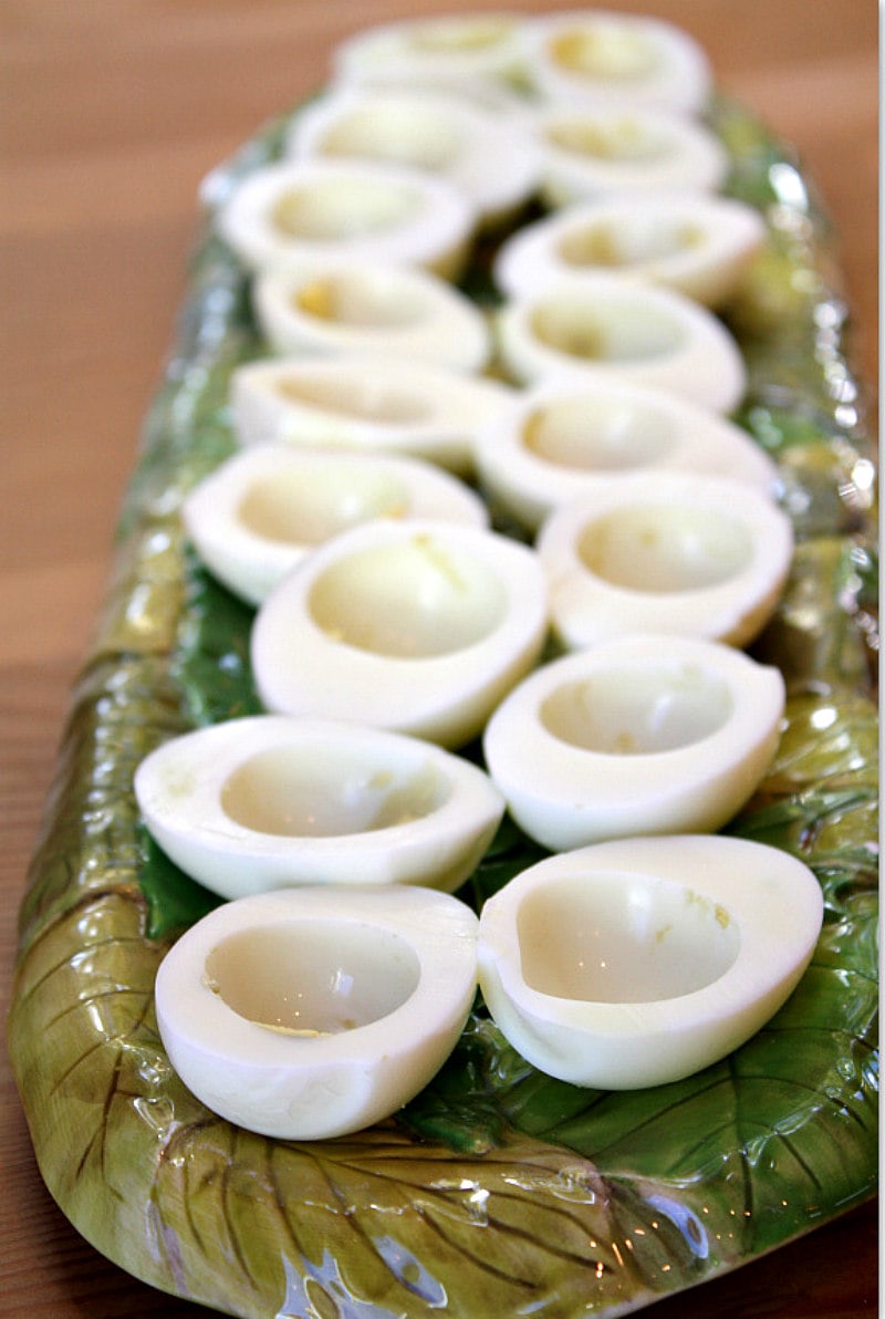 Bacon Balsamic Deviled Eggs recipe from RecipeGirl.com #bacon #balsamic #deviled #eggs #deviledeggs #Easter #party #appetizer #recipe #RecipeGirl Hard Boiled Eggs ready for deviled egg filling
