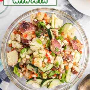 pinterest image for dill potato salad with feta