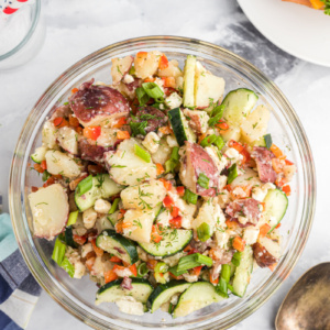 bowl of dill potato salad with feta