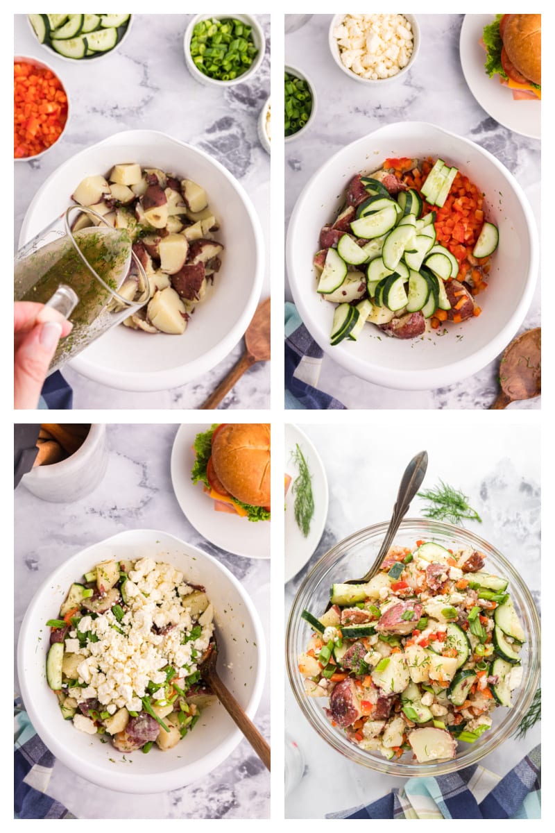 four photos showing how to make dill potato salad