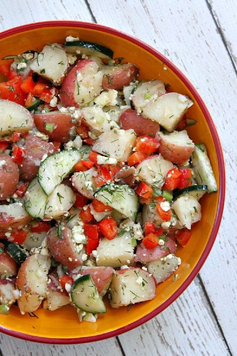 Dill Potato Salad with Feta recipe from RecipeGirl.com #dill #potato #salad #feta #recipe #RecipeGirl bowl of dill potato salad