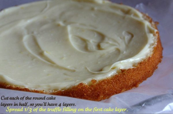 first cake layer of Lemon Truffle Cake