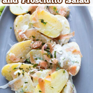 pinterest image for fingerling potato and prosciutto salad