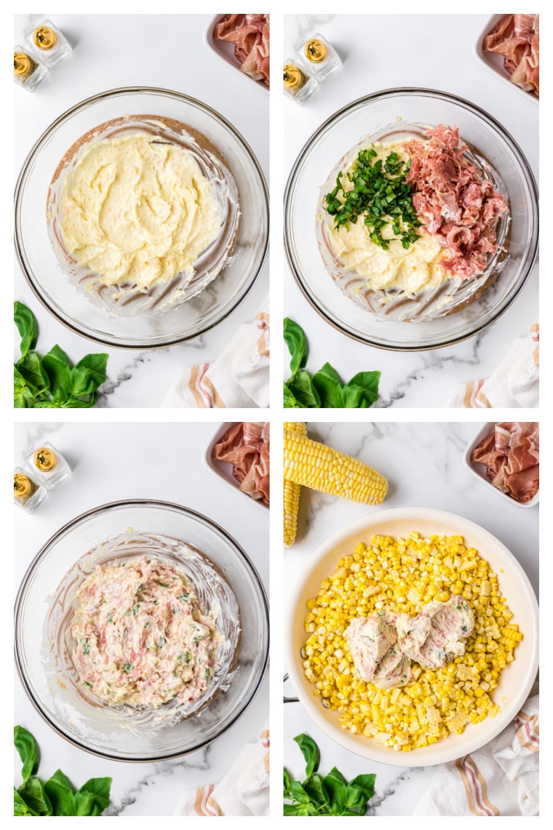 four photos showing how to make fresh corn with prosciutto basil butter