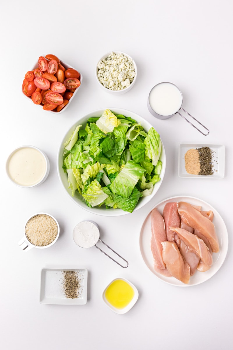 ingredients displayed for making fried chicken salad