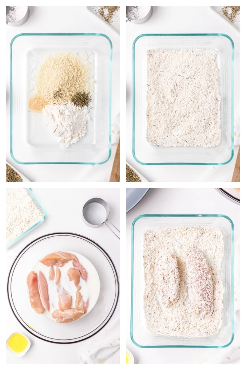four photos showing how to make fried chicken strips