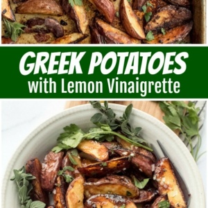 pinterest collage image for greek potatoes with lemon vinaigrette