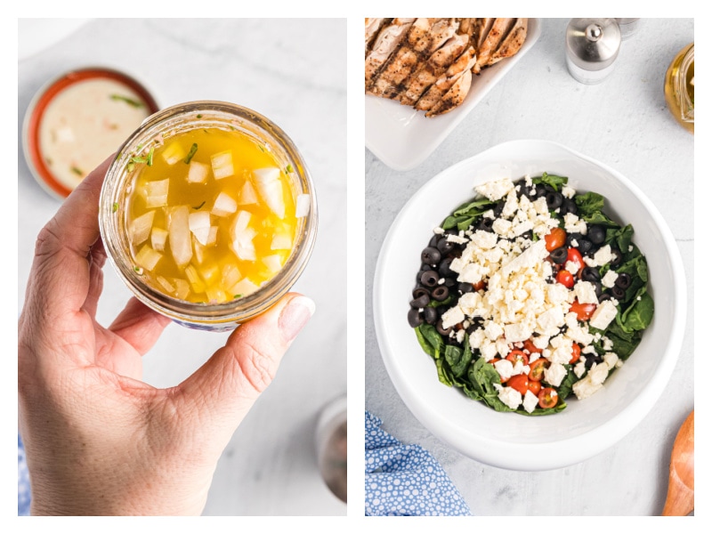 two photos showing dressing in a jar and then plate of salad