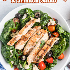 pinterest image for grilled chicken and spinach salad