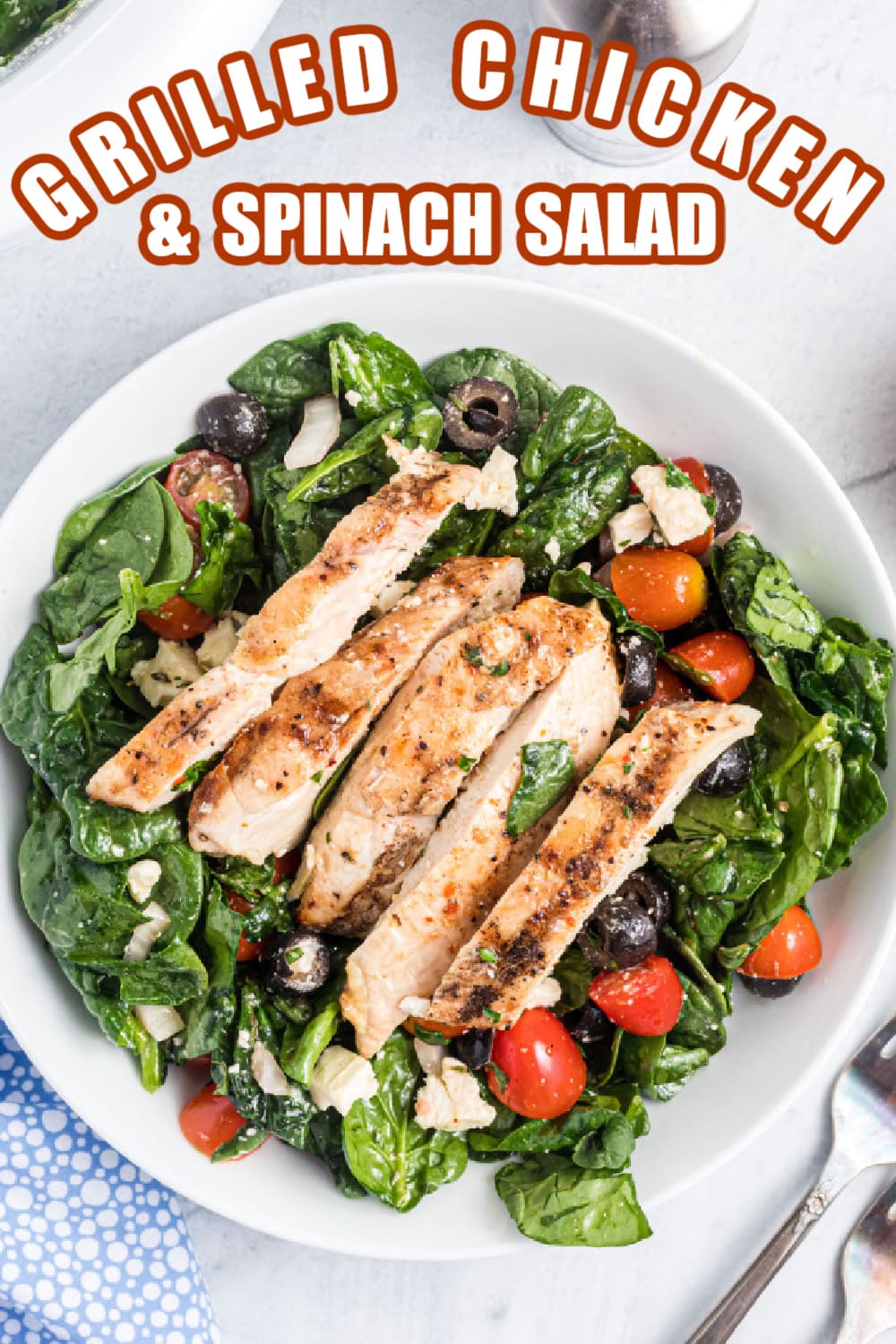 pinterest image for grilled chicken and spinach salad