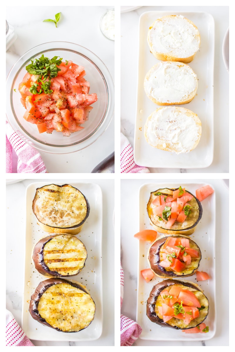 four photos showing how to make a grilled eggplant open faced sandwich