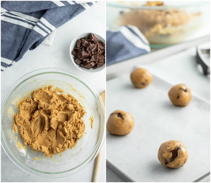 making honey peanut butter chocolate chunk cookies- dough and balls on baking sheet
