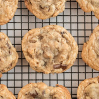 ina garten's chocolate chunk cookies on cooling rack