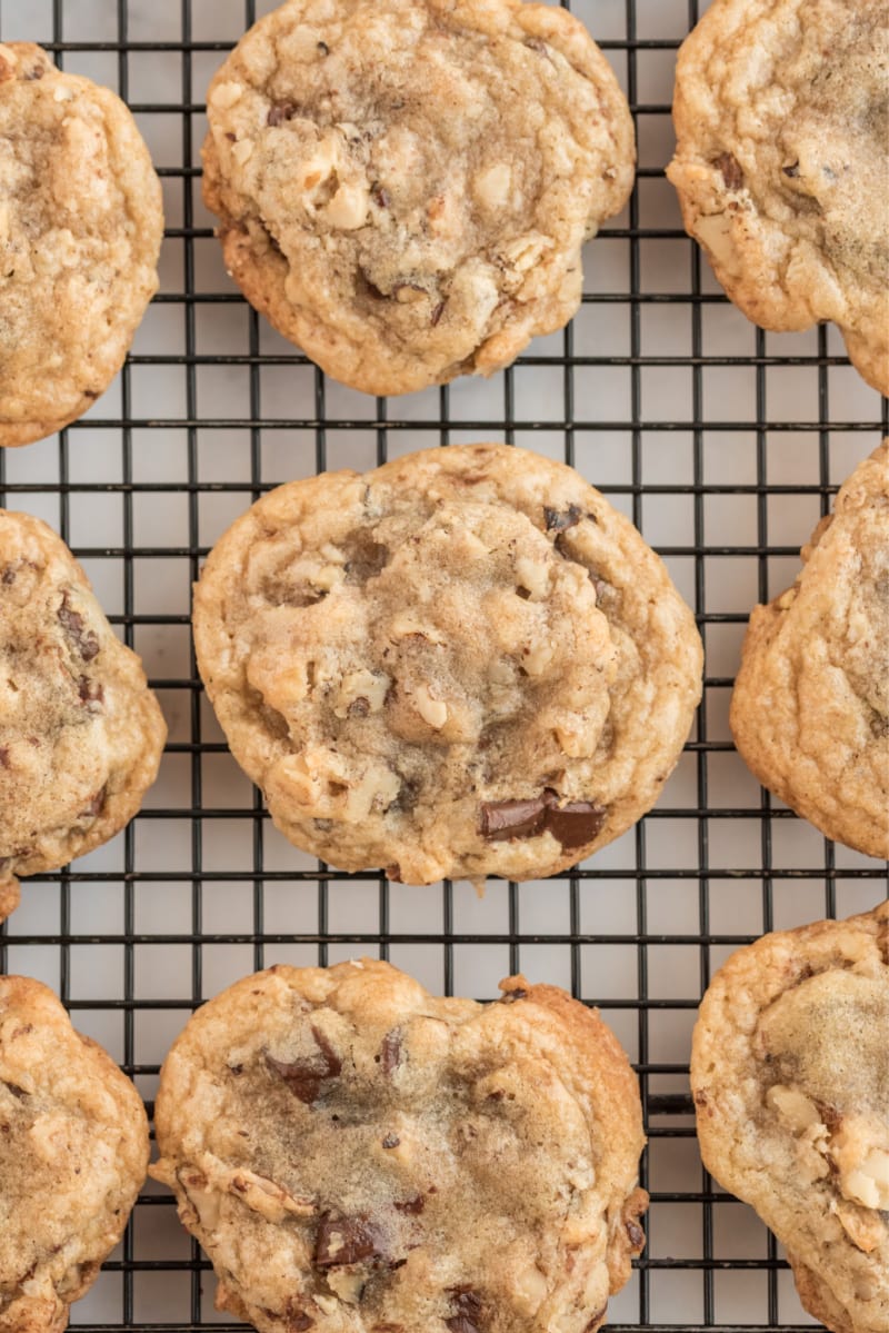 ina garten's chocolate chunk cookies on cooling rack