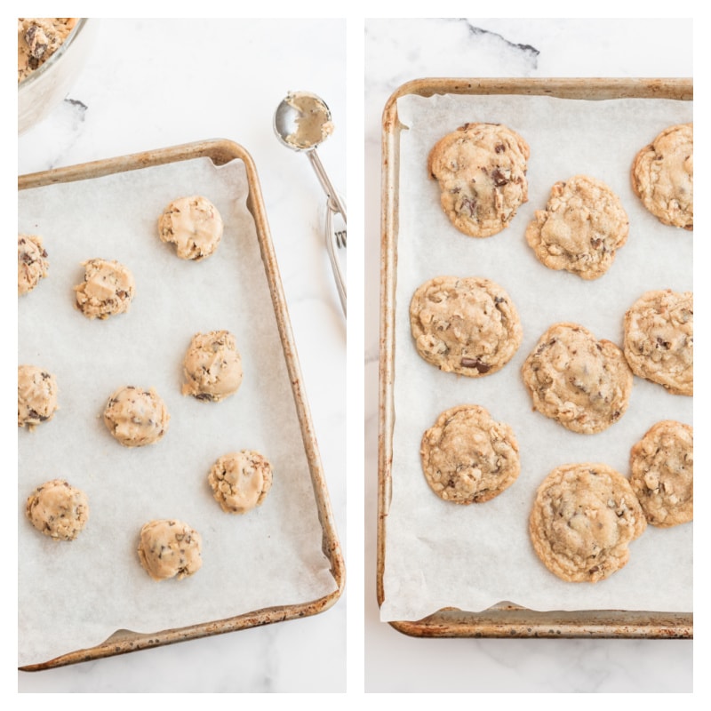 Ina Garten's Chocolate Chunk Cookies recipe from RecipeGirl.com #ina #garten #inagarten #barefoot #contessa #barefootcontessa #chocolatechunk #cookie #cookies #recipe #RecipeGirl cookie sheets showing cookie dough and then baked cookies