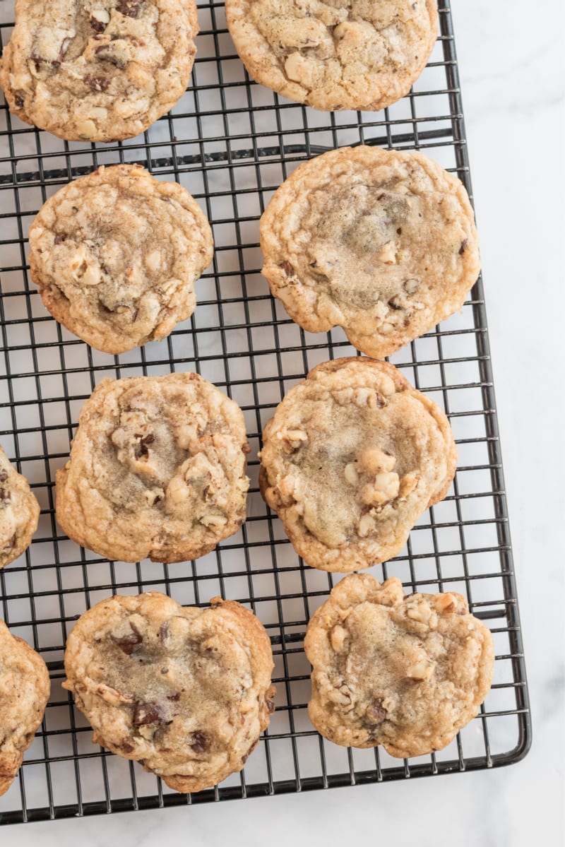 ina garten's chocolate chunk cookies on cooling rack