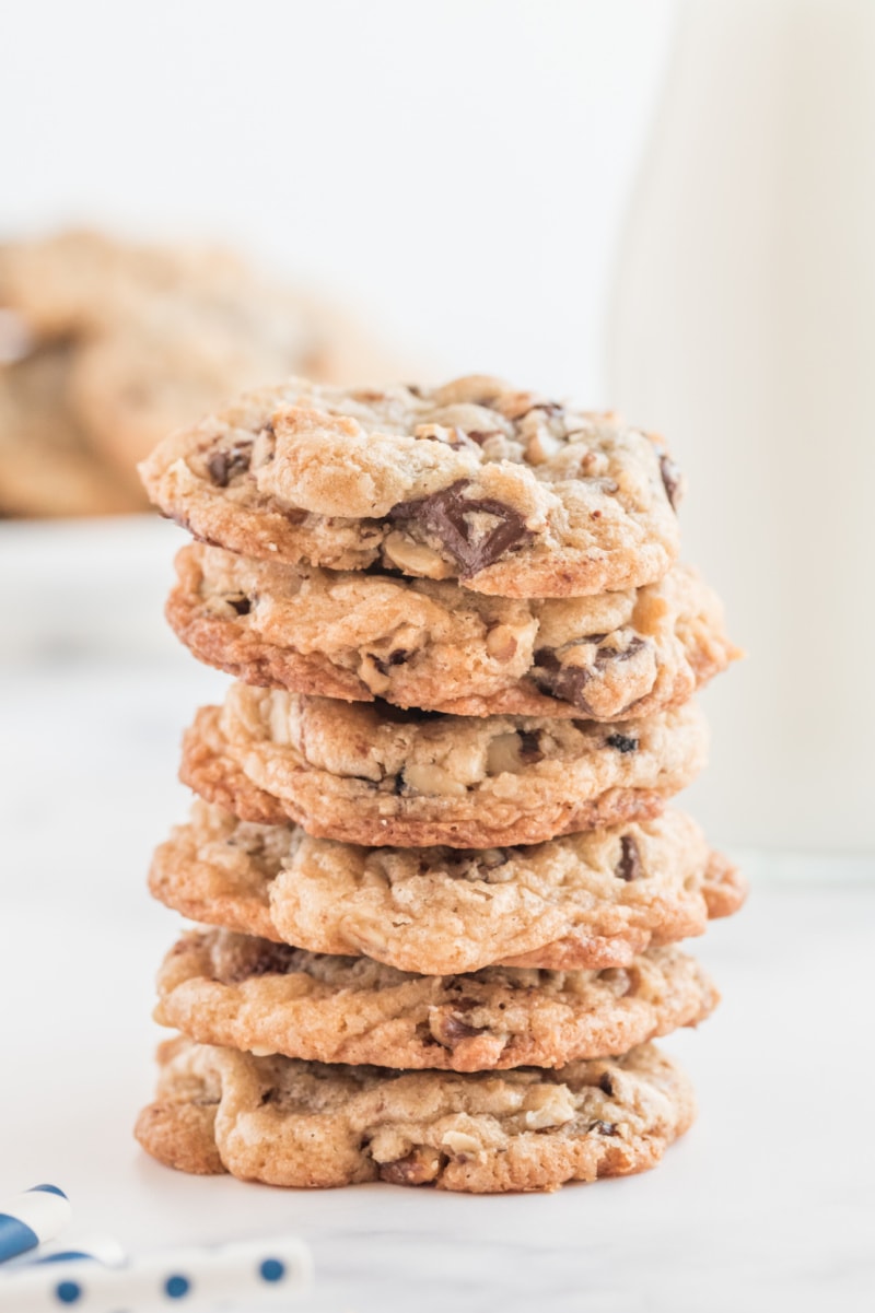 Ina Garten's Chocolate Chunk Cookies recipe from RecipeGirl.com #ina #garten #inagarten #barefoot #contessa #barefootcontessa #chocolatechunk #cookie #cookies #recipe #RecipeGirl ina garten's chocolate chunk cookies in stack
