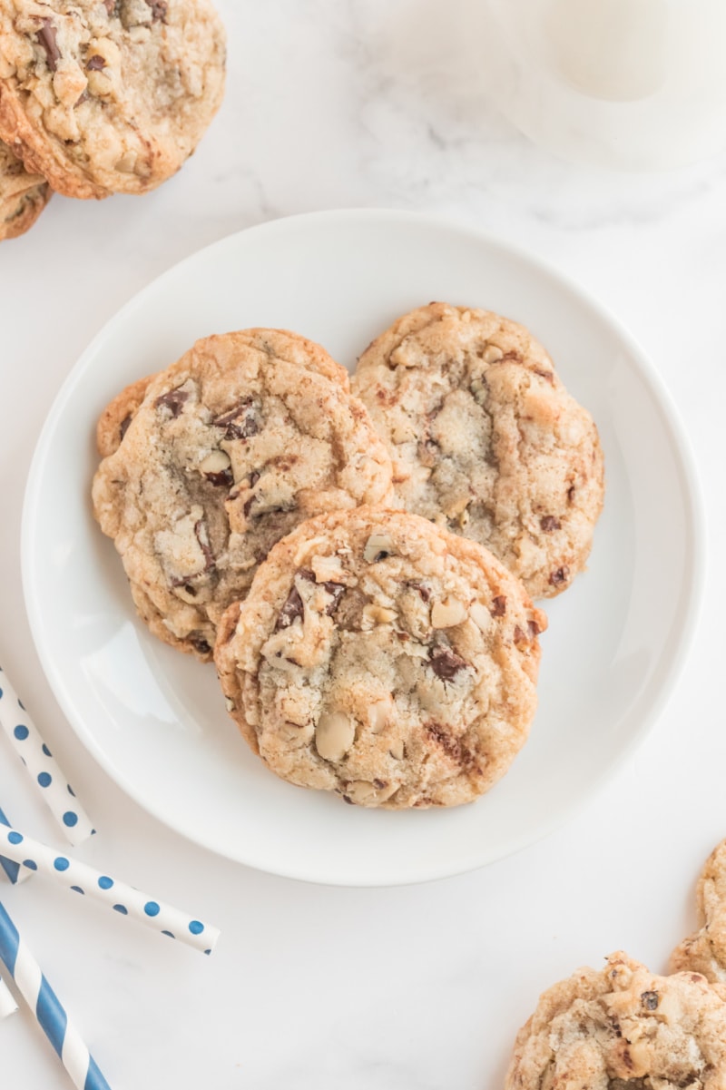 Ina Garten's Chocolate Chunk Cookies recipe from RecipeGirl.com #ina #garten #inagarten #barefoot #contessa #barefootcontessa #chocolatechunk #cookie #cookies #recipe #RecipeGirl ina garten's chocolate chunk cookies on a white plate