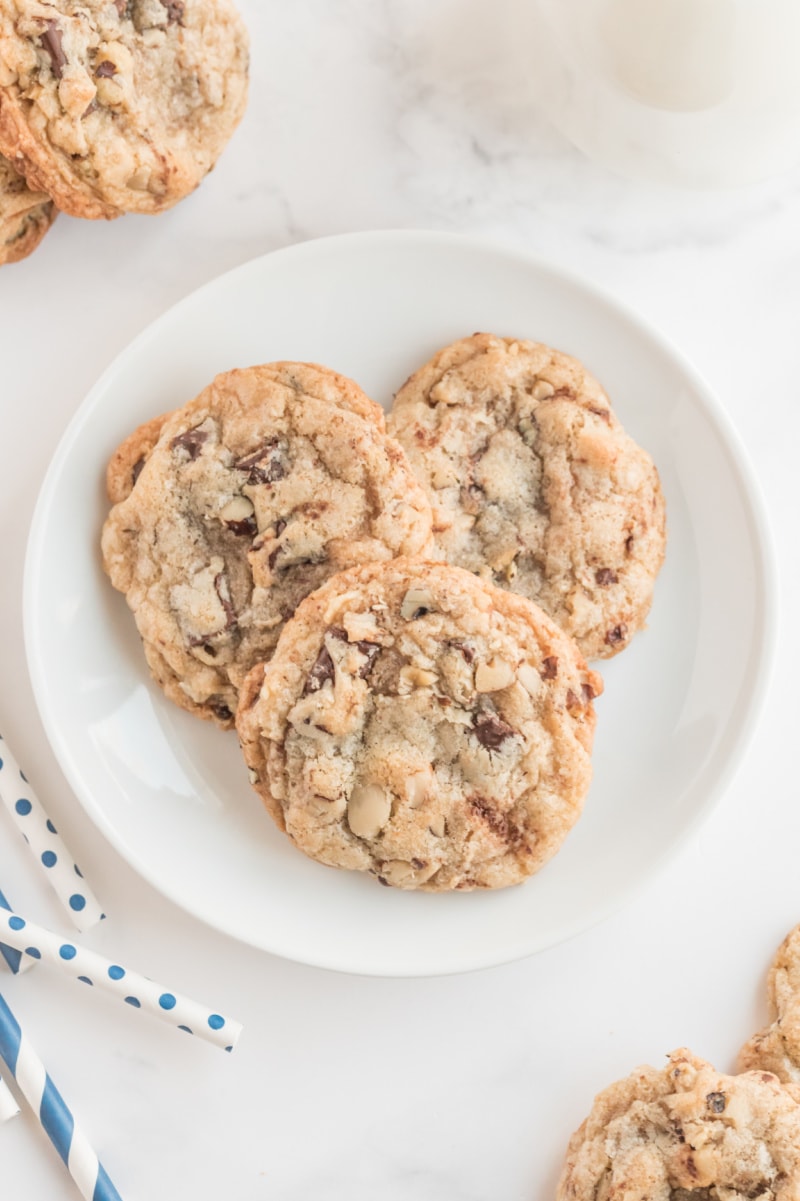 ina garten's chocolate chunk cookies on a white plate