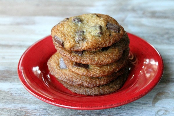 chocolate chunk cookies on a red plate