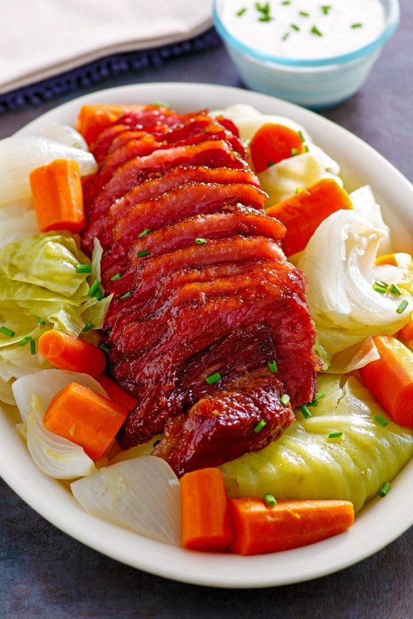 Corned Beef and Cabbage and Carrots on serving platter