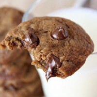 kahlua espresso chocolate chip cookie sitting on edge of glass of milk