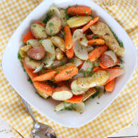 lemon chive roasted vegetables in a bowl