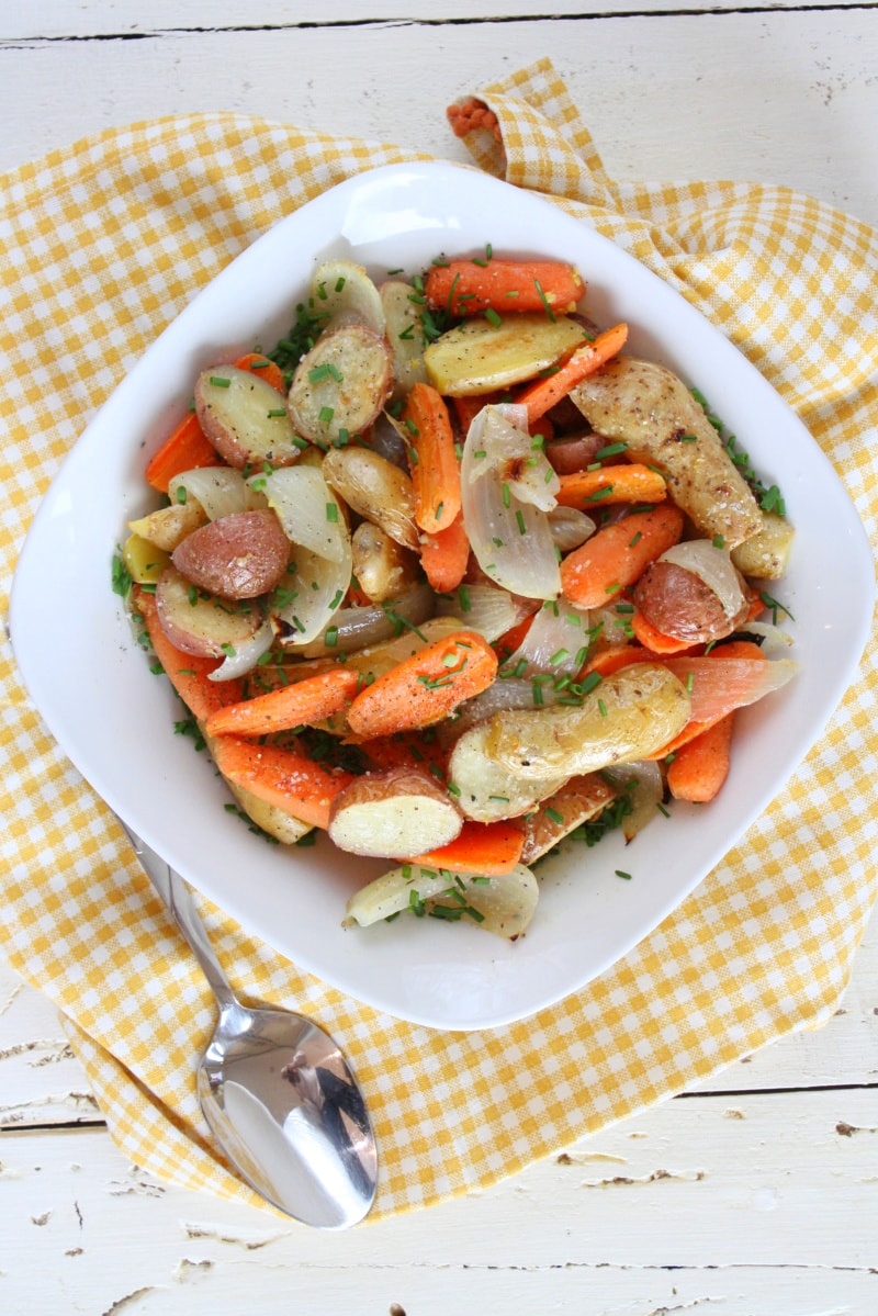 lemon chive roasted vegetables in a bowl