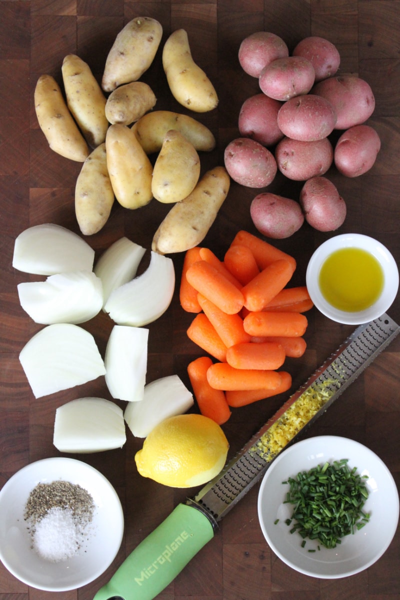 ingredients displayed for making lemon chive roasted vegetables