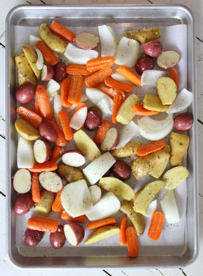 veggies on baking sheet ready for oven