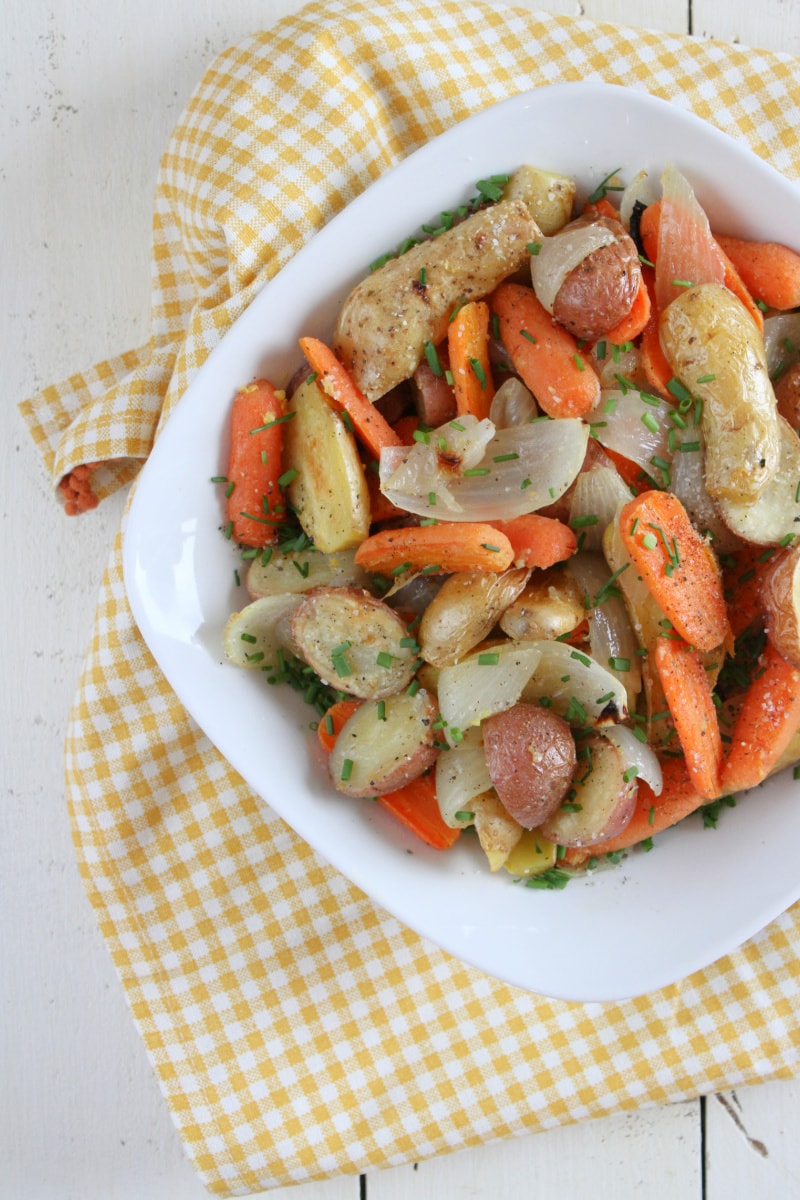 lemon chive roasted veggies in a bowl