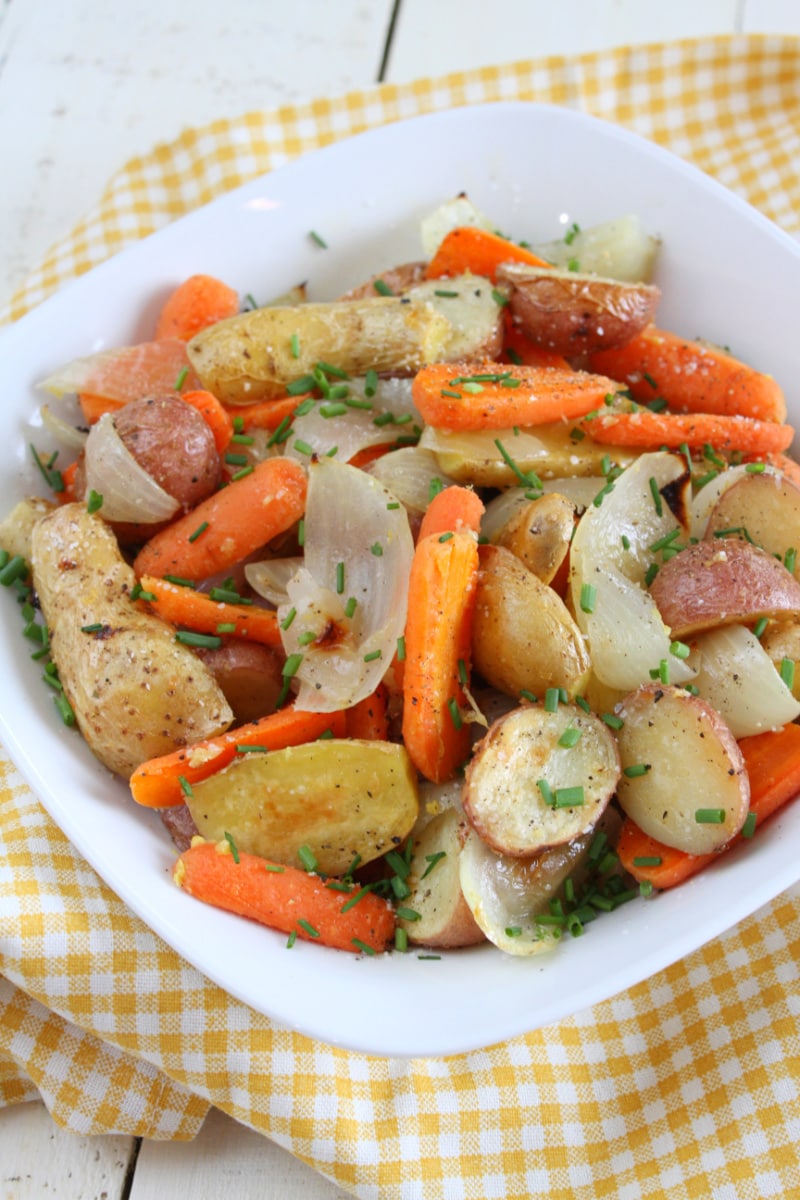 lemon chive roasted vegetables in a bowl